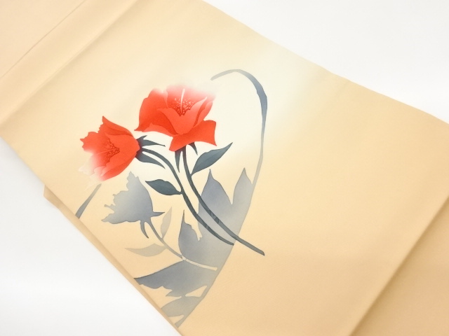 JAPANESE KIMONO / SHIOZE HAND-PAINTED FLOWER / LEAF PATTERN NAGOYA OBI